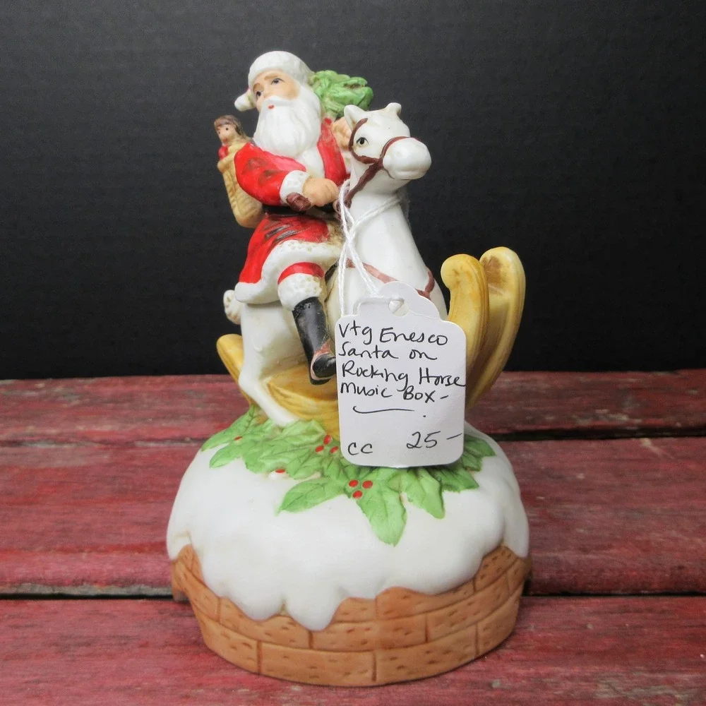 Vtg Enesco Santa Claus on Rocking Horse Music Box 